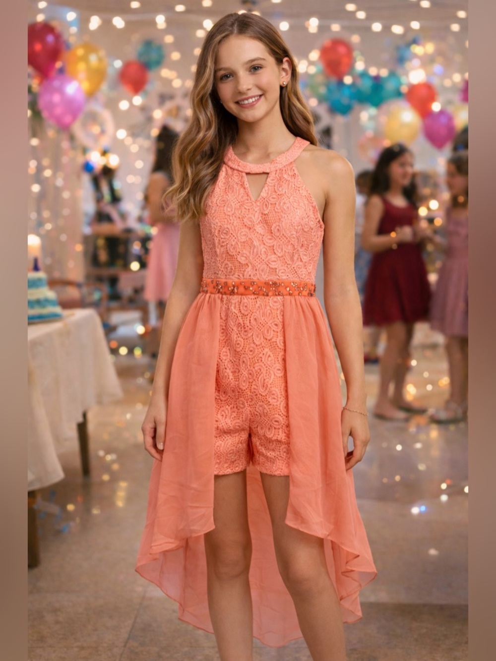 Rare Editions Coral Lace High-Low Romper Dress Girls Size 12 Formal